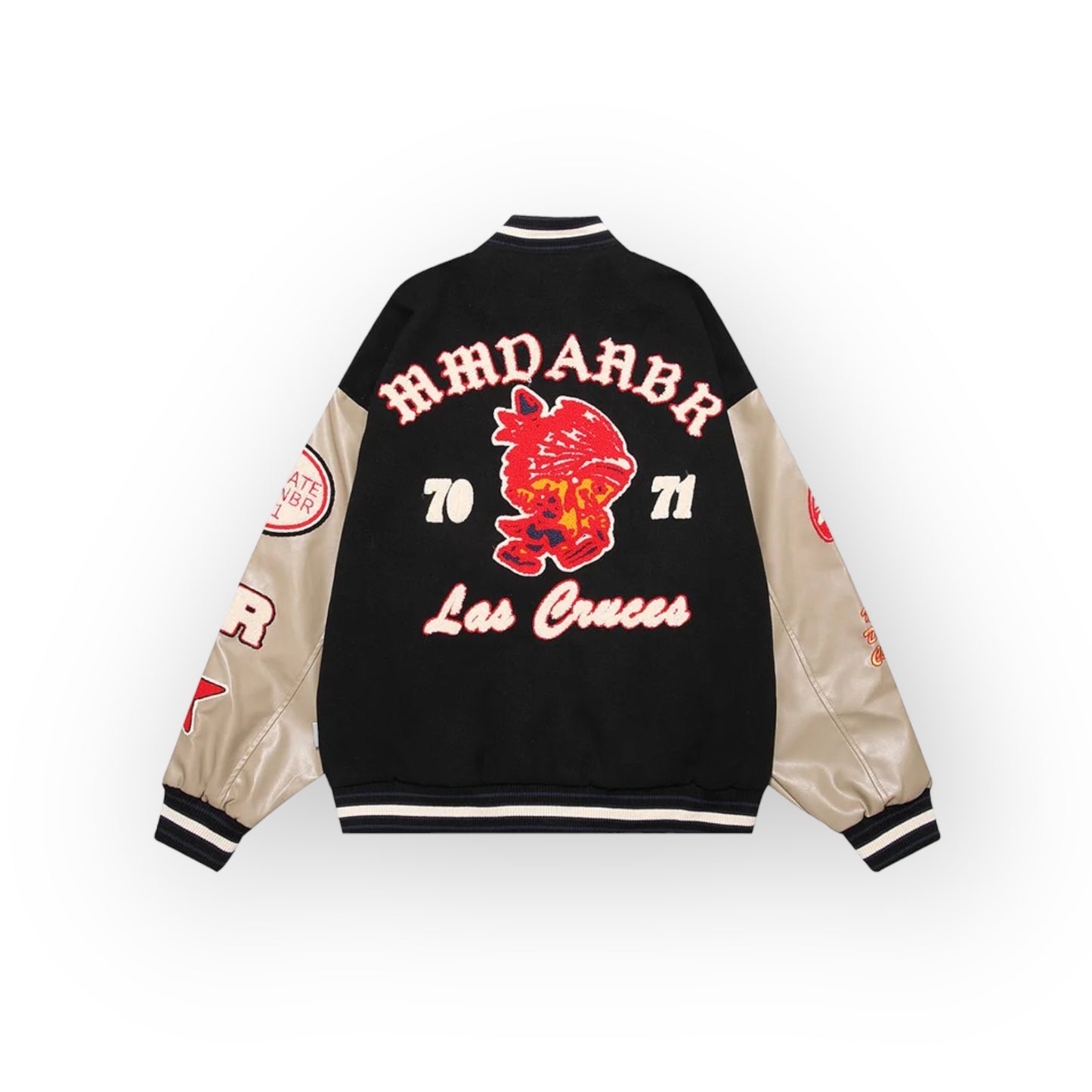 Aolamegs Colorblock Cartoon Indigenous Graphic Letter Jacket