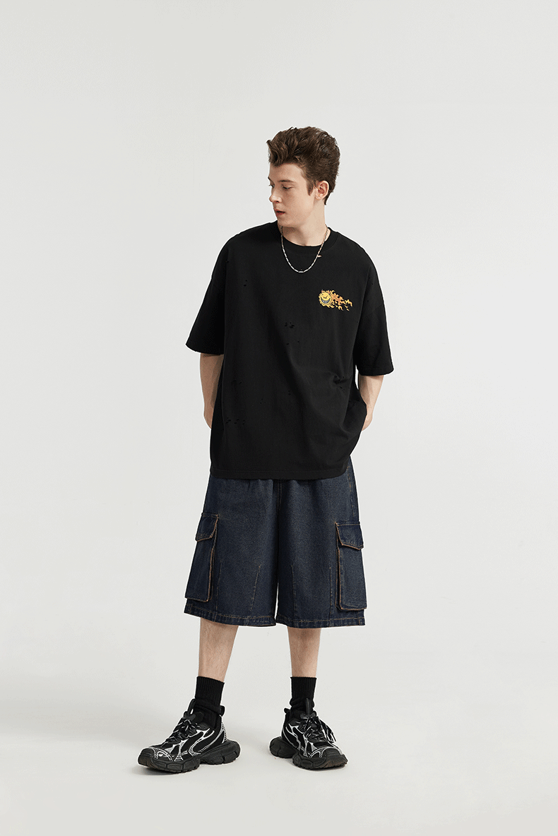 INFLATION Washed Wide Leg Cargo Jeans Shorts