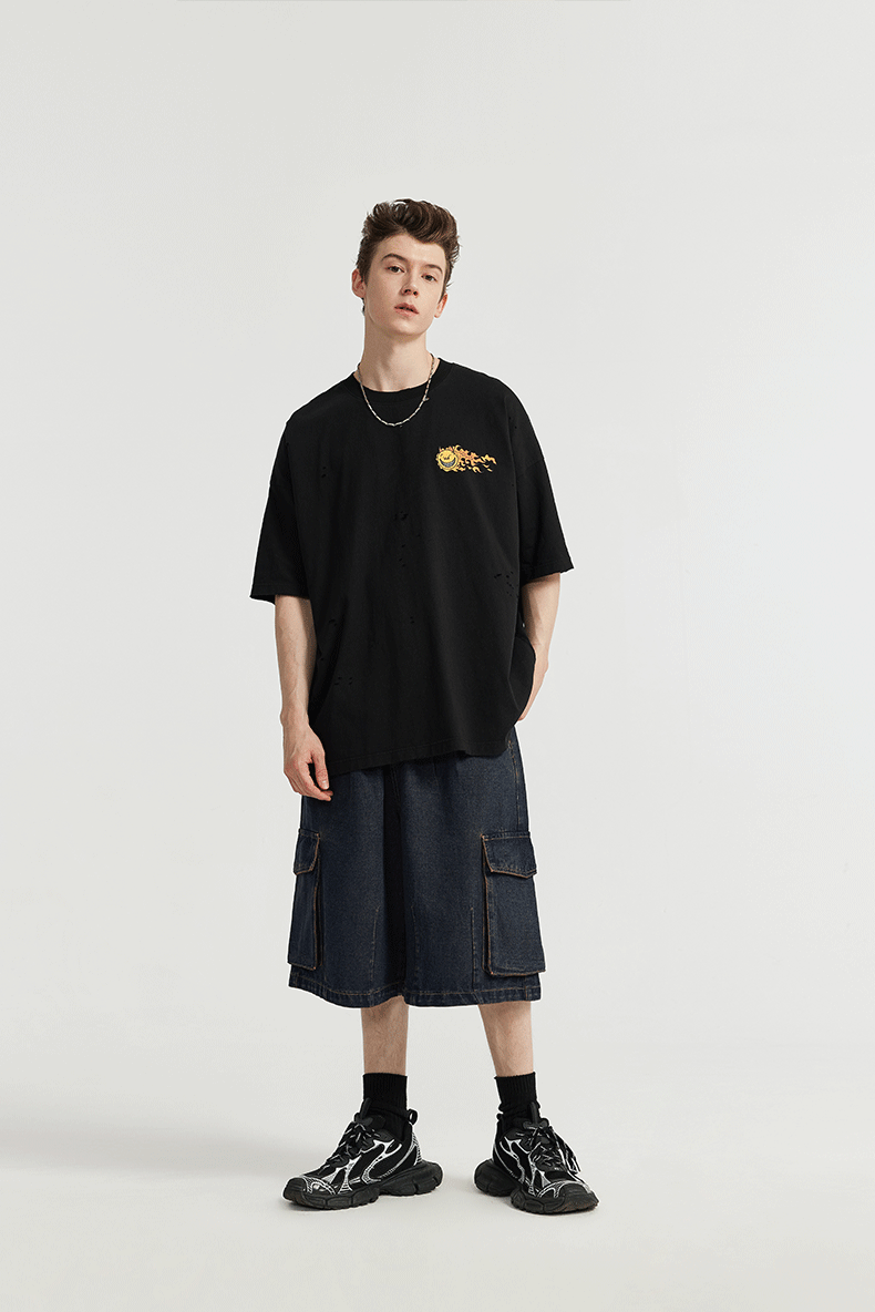 INFLATION Washed Wide Leg Cargo Jeans Shorts