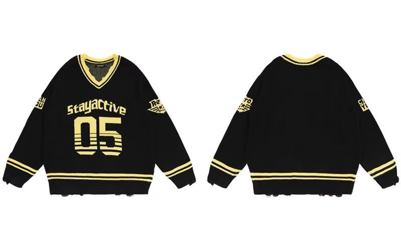 GONTHWID Ripped Hole Knitted Racing Sport Jumper