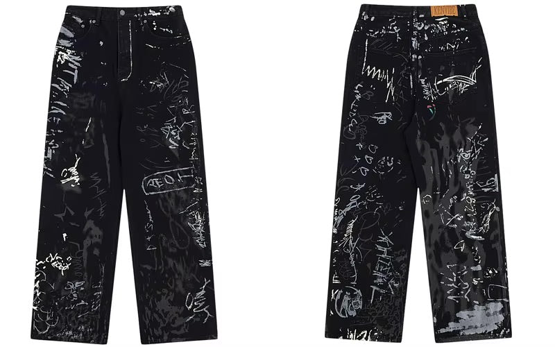 GONTHWID Graffiti Print Straight Wide Baggy Loose Denim Pants