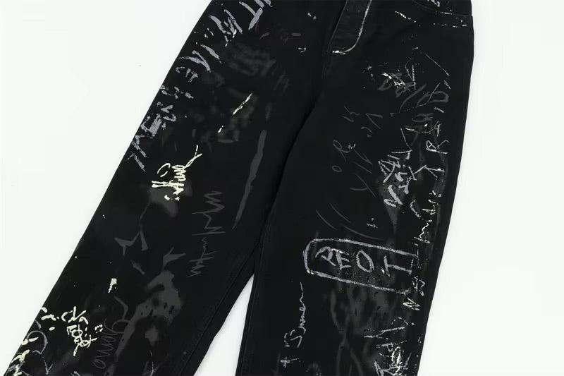 GONTHWID Graffiti Print Straight Wide Baggy Loose Denim Pants