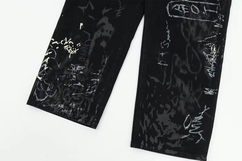 GONTHWID Graffiti Print Straight Wide Baggy Loose Denim Pants