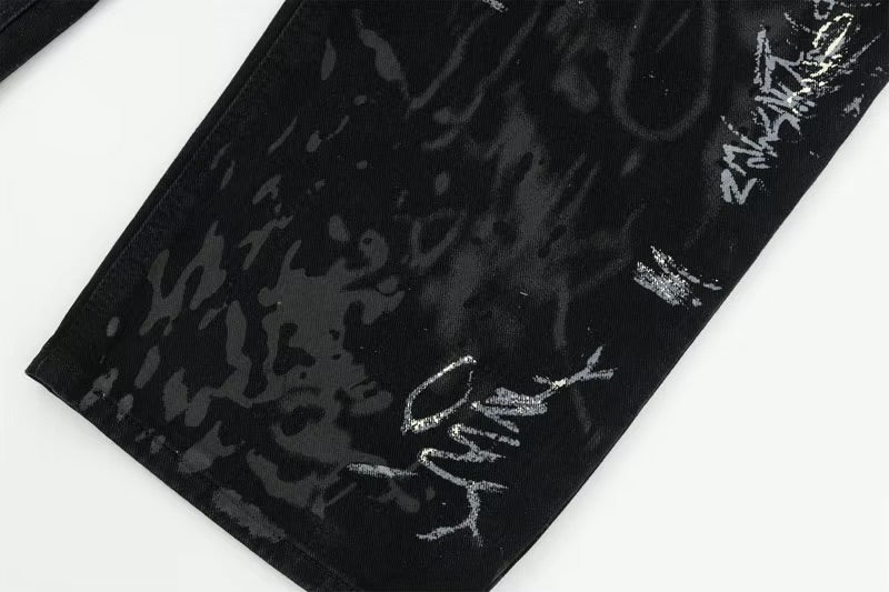 GONTHWID Graffiti Print Straight Wide Baggy Loose Denim Pants