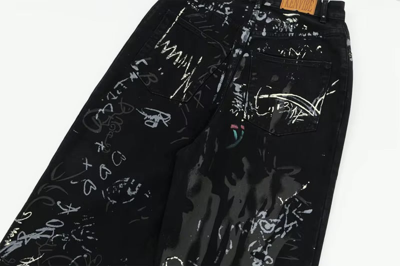 GONTHWID Graffiti Print Straight Wide Baggy Loose Denim Pants