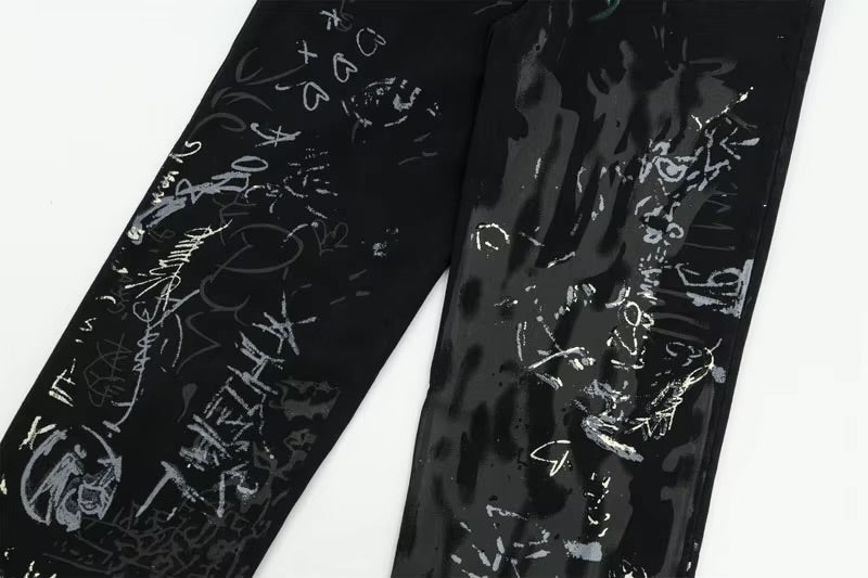 GONTHWID Graffiti Print Straight Wide Baggy Loose Denim Pants