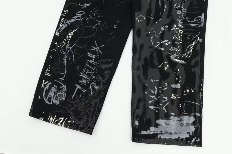GONTHWID Graffiti Print Straight Wide Baggy Loose Denim Pants