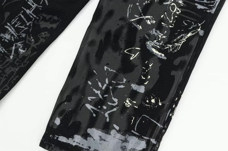 GONTHWID Graffiti Print Straight Wide Baggy Loose Denim Pants