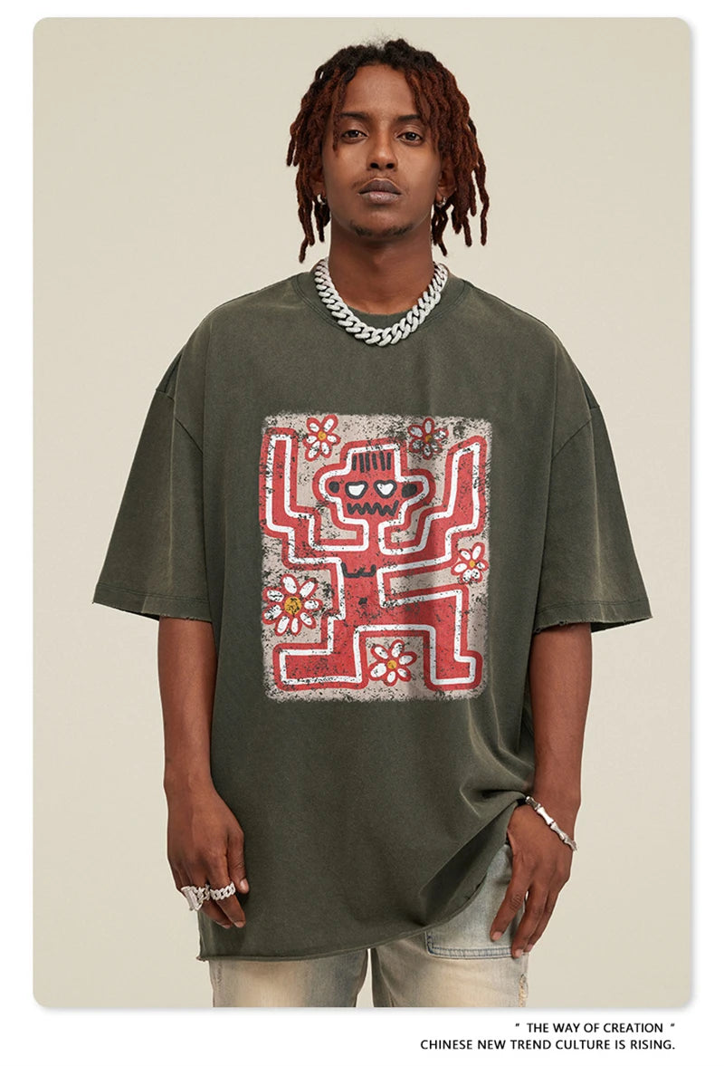 ZODF Distressed O-Neck Hip-Hop Washed 285gsm Cotton T Shirt