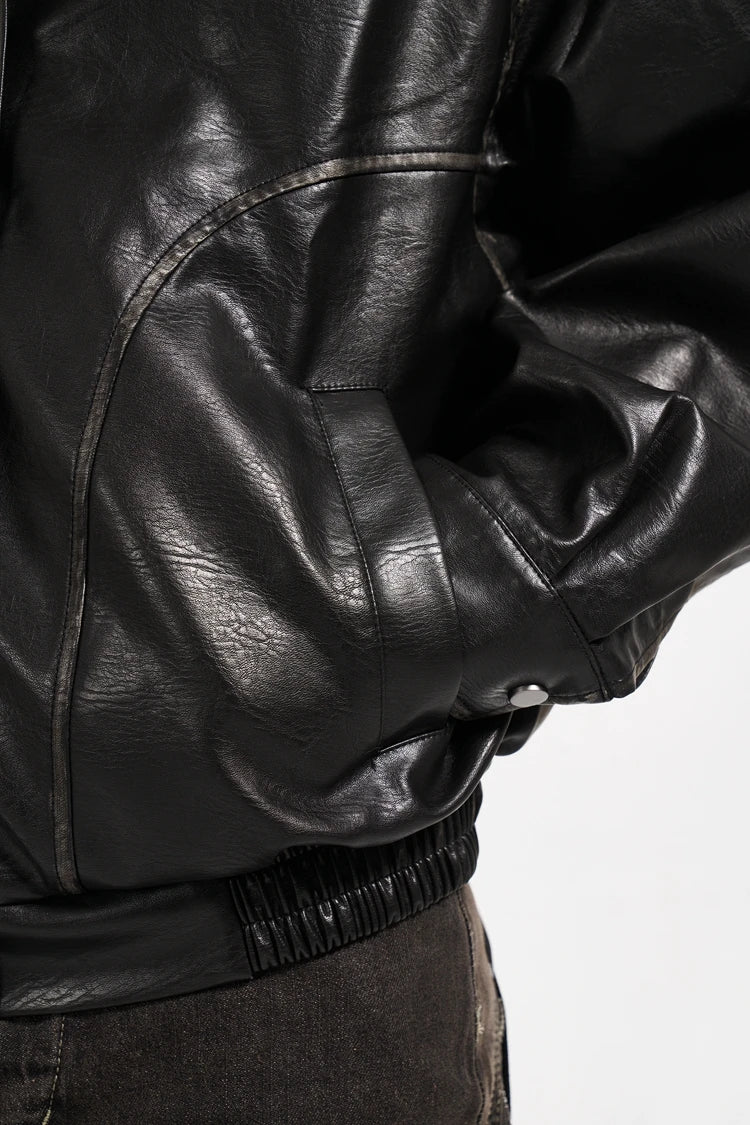 UncleDonJM PU Faux Leather Casual Vintage Jacket