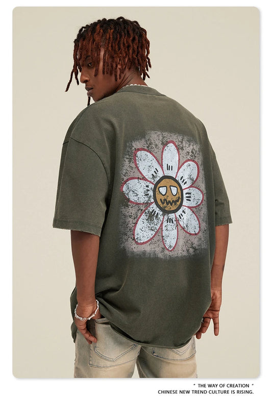 ZODF Distressed O-Neck Hip-Hop Washed 285gsm Cotton T Shirt