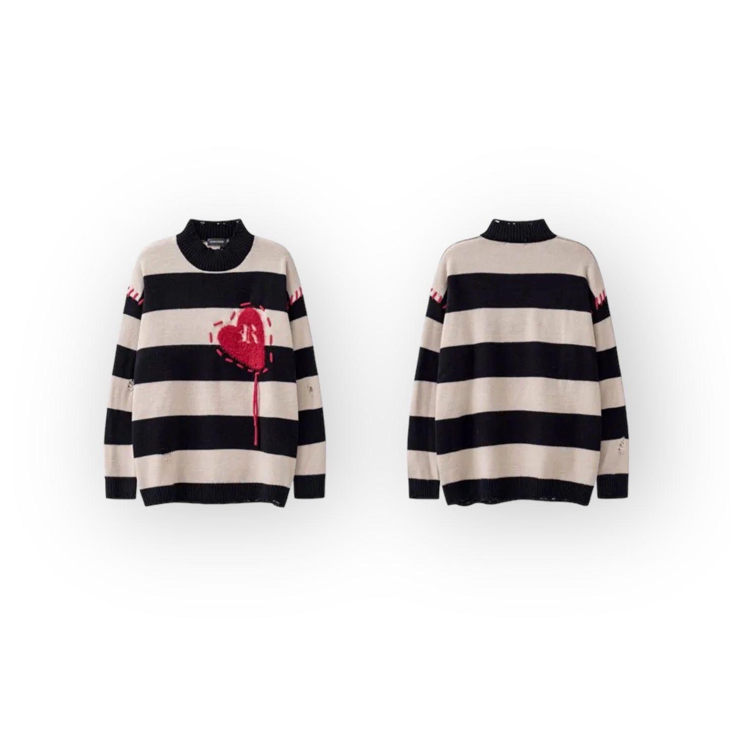 GONTHWID Ripped Knitted Heart Black Striped Holes Jumper
