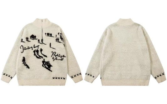 GONTHWID Mohair Sweater Half Zip Up Knitted Graphic Cozy Jumpers