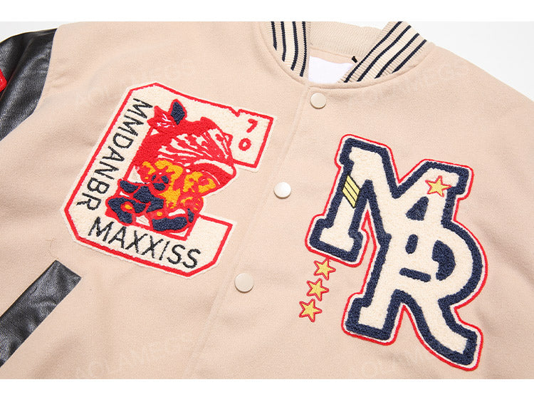 Aolamegs Colorblock Cartoon Indigenous Graphic Letter Jacket