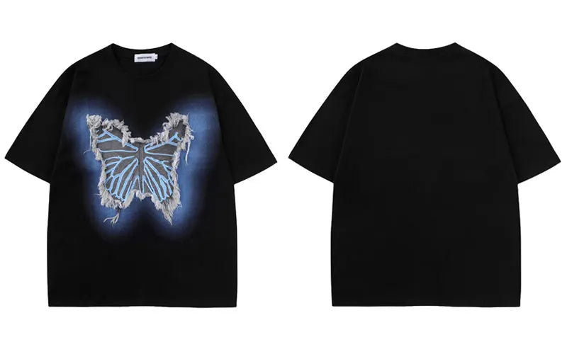 GONTHWID Denim Butterfly Patch Short Sleeve Streetwear T-Shirt