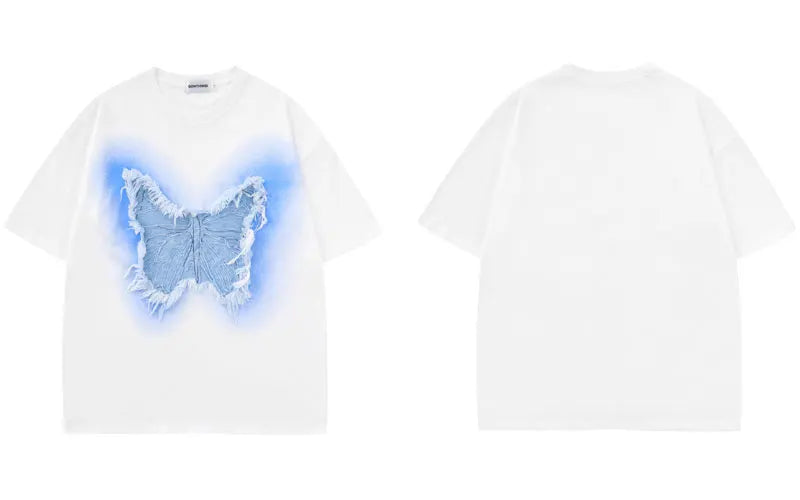 GONTHWID Denim Butterfly Patch Short Sleeve Streetwear T-Shirt