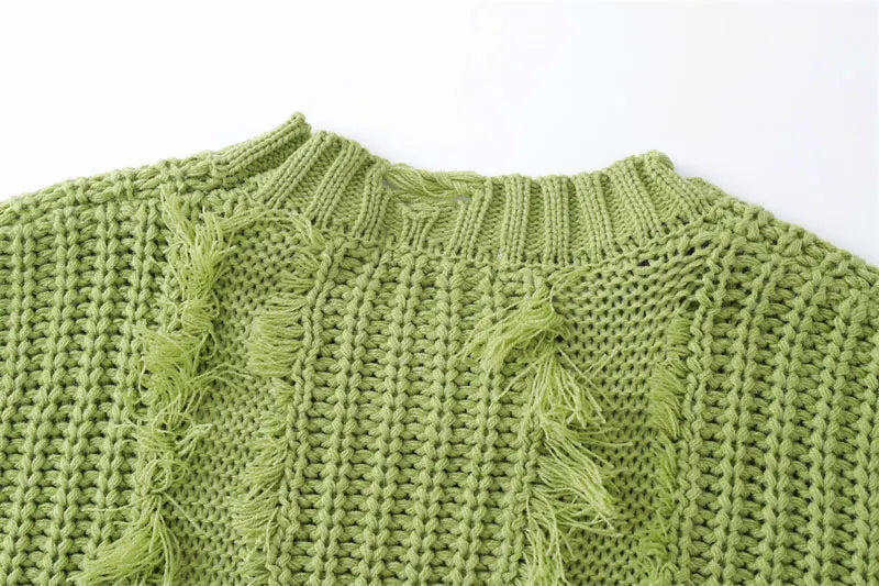 Knitted Solid Tassel Ripped Hole Pullover