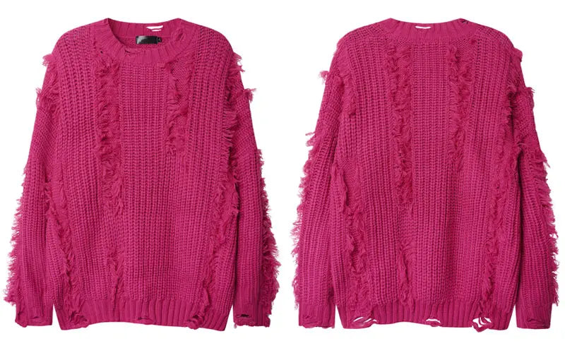 Knitted Solid Tassel Ripped Hole Pullover