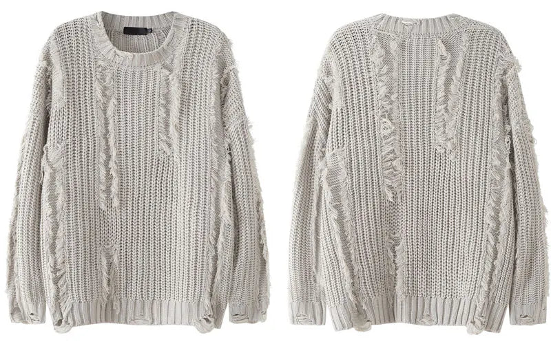 Knitted Solid Tassel Ripped Hole Pullover