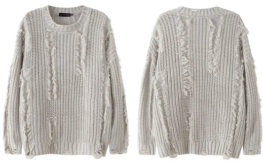 Knitted Solid Tassel Ripped Hole Pullover
