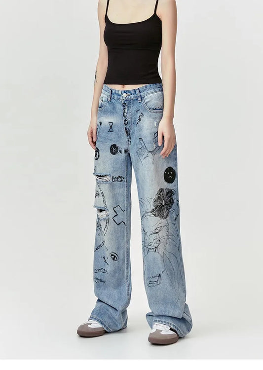 MADE EXTREME Graffiti Print Washed Ripped Jeans