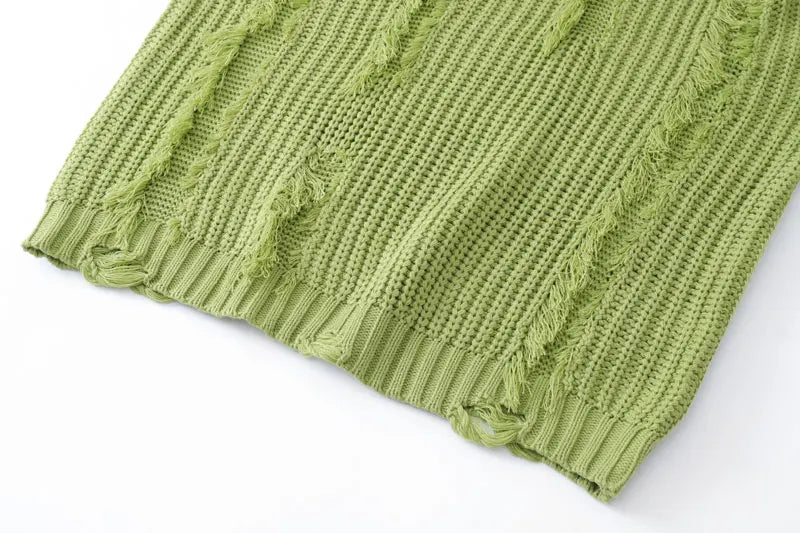 Knitted Solid Tassel Ripped Hole Pullover