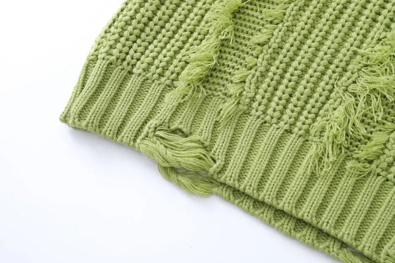 Knitted Solid Tassel Ripped Hole Pullover