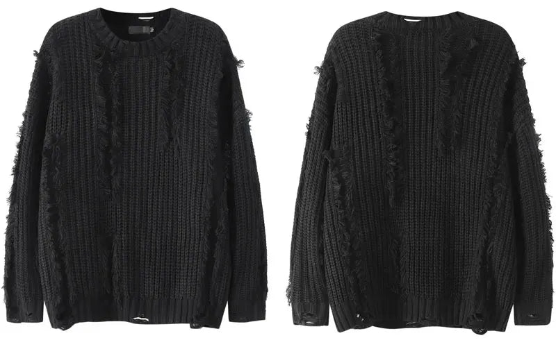 Knitted Solid Tassel Ripped Hole Pullover
