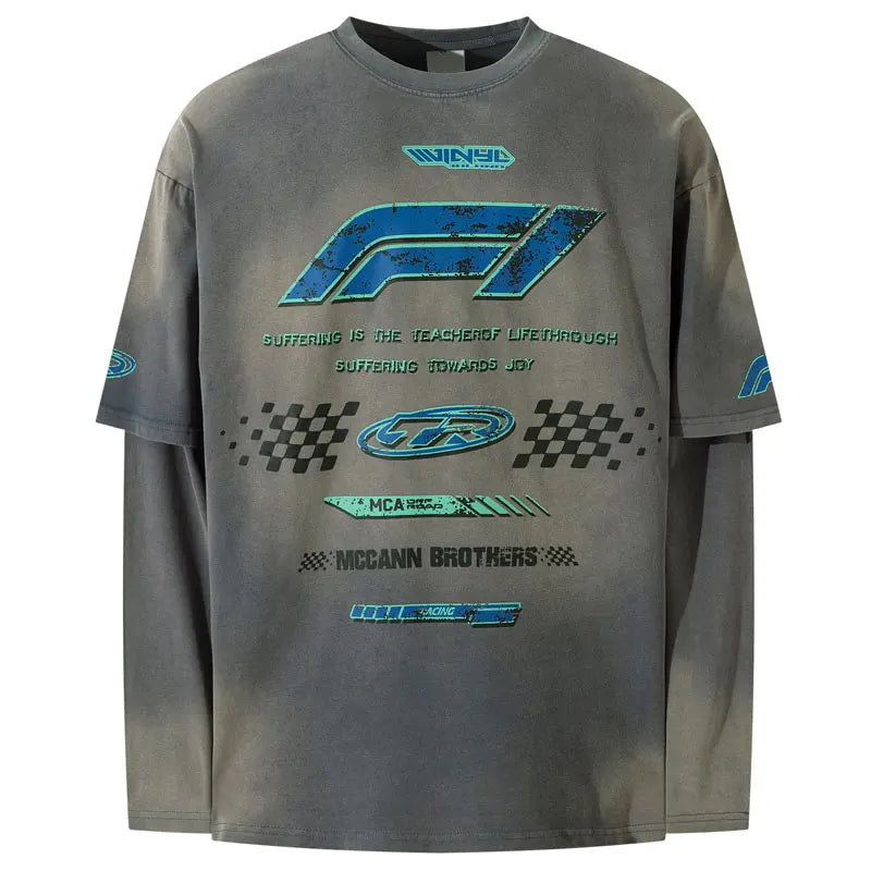 GONTHWID Printed Racing Sports Oversized Long Sleeve Top