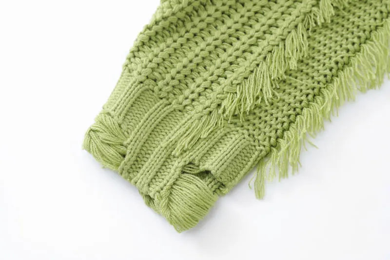 Knitted Solid Tassel Ripped Hole Pullover