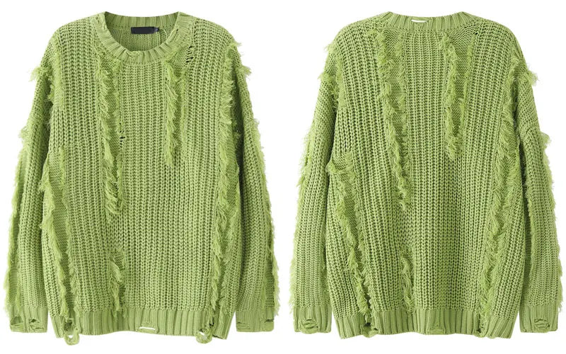 Knitted Solid Tassel Ripped Hole Pullover