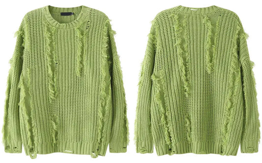 Knitted Solid Tassel Ripped Hole Pullover