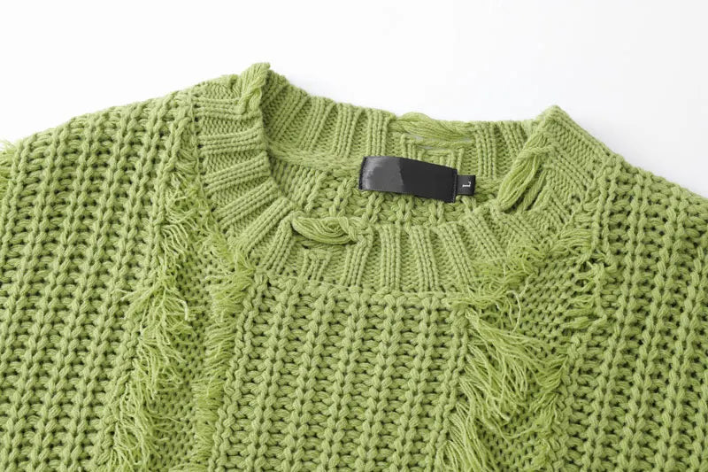 Knitted Solid Tassel Ripped Hole Pullover