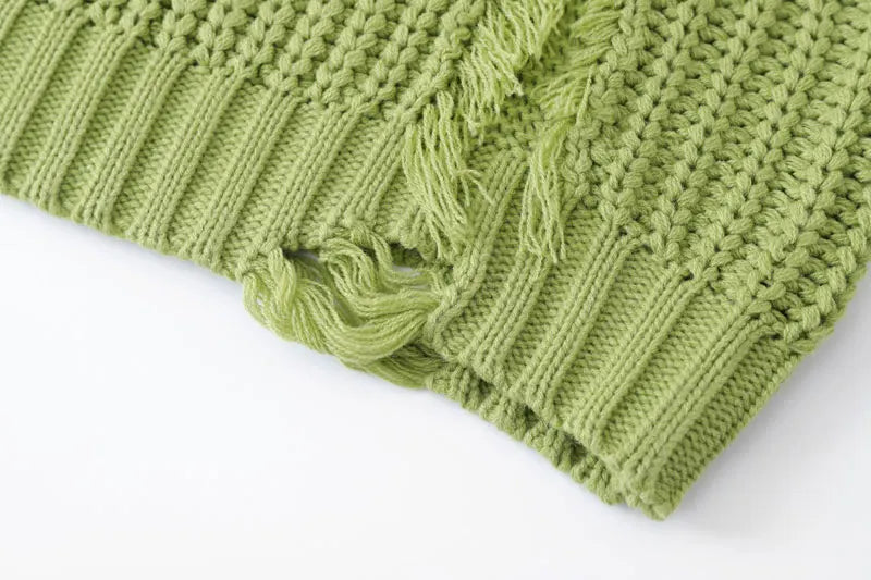 Knitted Solid Tassel Ripped Hole Pullover