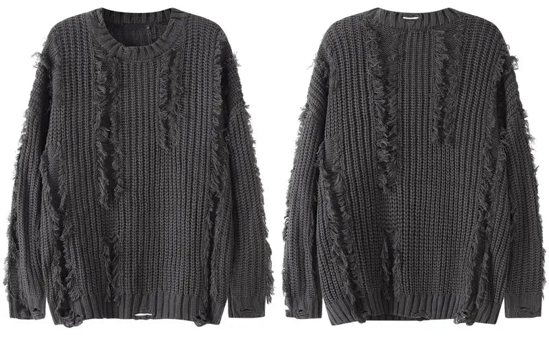 Knitted Solid Tassel Ripped Hole Pullover