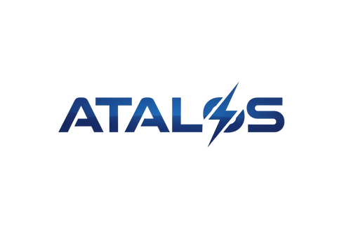 The ATALOS brand logo in blue, featuring stylized lettering with a lightning bolt integrated into the design, set against a solid white background.