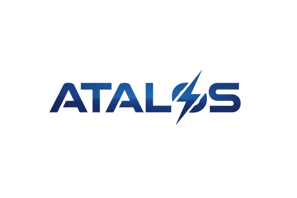 The ATALOS brand logo in blue, featuring stylized lettering with a lightning bolt integrated into the design, set against a solid white background.